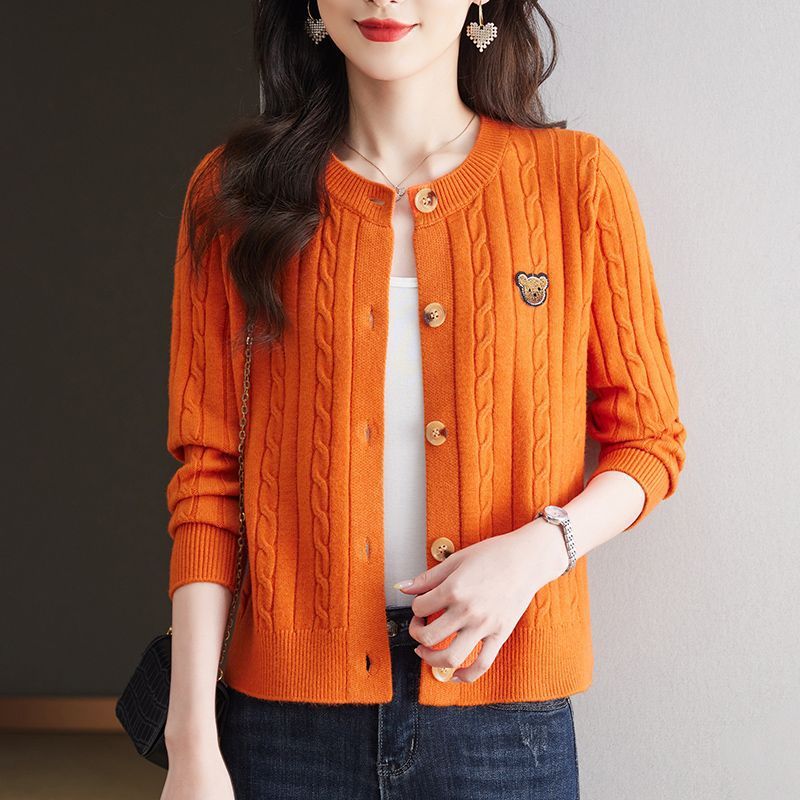 Round neck knitted cardigan women's short sweater jacket for spring autumn 2024 new loose and slimming style outerwear_voghion.com