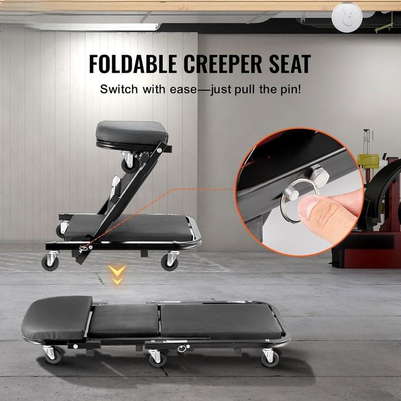 36/40' Heavy Duty Z-Creeper Seat - 2-in-1 Adjustable Rolling Mechanic Stool &amp; Low Profile Creeper, 330LB Capacity With 6 Swivel Casters For Auto_voghion.com