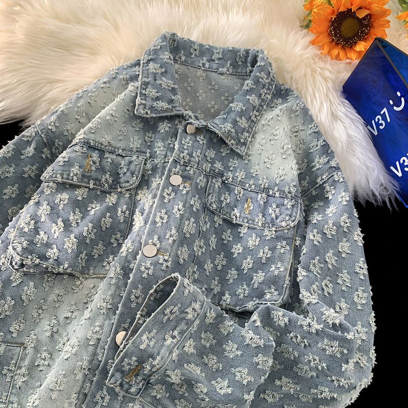 Vintage Denim Jacket For Men, Distressed Casual Workwear Coat, Loose Fit Retro Style, Unisex Fashion Outerwear Or Autumn​_voghion.com