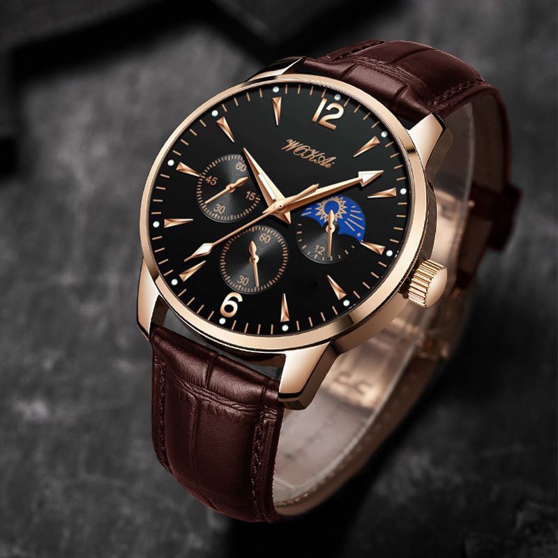 Montre de sport à quartz vintage phosphorescente à trois yeux pour homme avec bracelet en cuir_voghion.com