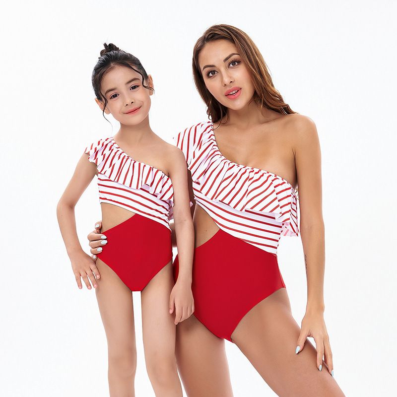 Mother & Kids parent-child swimsuit foreign trade high waist bikini ruffled bikini stripes new mother and daughter swimsuit_voghion.com