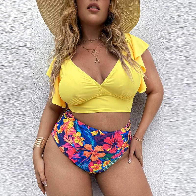 Übergroßer, geteilter Bikini für fette Frauen, geraffter, gerüschter, bedruckter Badeanzug mit hoher Taille für Frauen_voghion.com