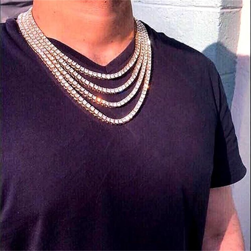 Collana versatile semplice in oro e argento con catena da tennis in lega di strass da 3 mm e 5 mm per uomo Hip Hop_voghion.com