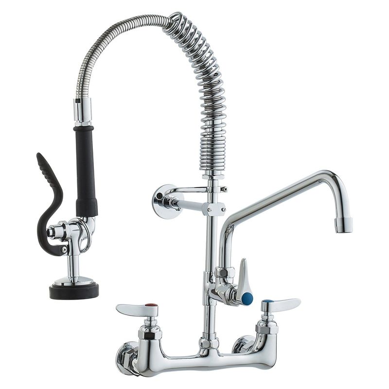 VEVOR Commercial Faucet With Pre-Rinse Sprayer, 21" Height, 8" Center, 12" Swing Spout, Wall Mount Kitchen Sink Faucet, Brass Constructed Device With Pull Down Spray, For 1/2/3 Compartment Sink_voghion.com