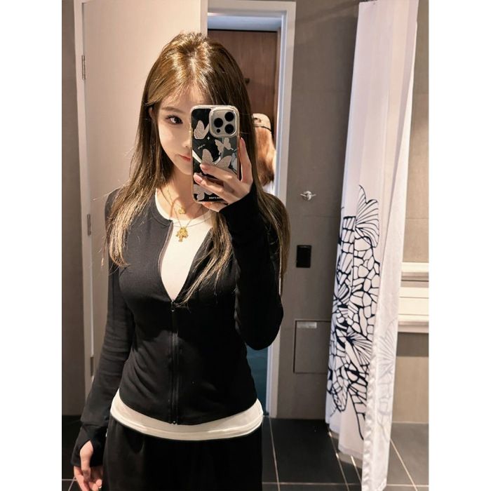 Contrast Panel Layering Tee - 260GSM Modal Blend Slim Fit Long Sleeve Base Layer (Black/White & Dark Grey/White)_voghion.com