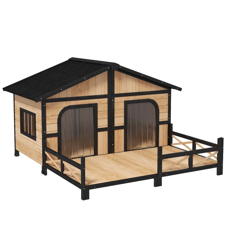 PawHut 59'x64'x39' Large Wooden Dog House Raised Weatherproof Rustic Log Cabin Style Elevated Pet Shelter Porch Deck, Natural_voghion.com