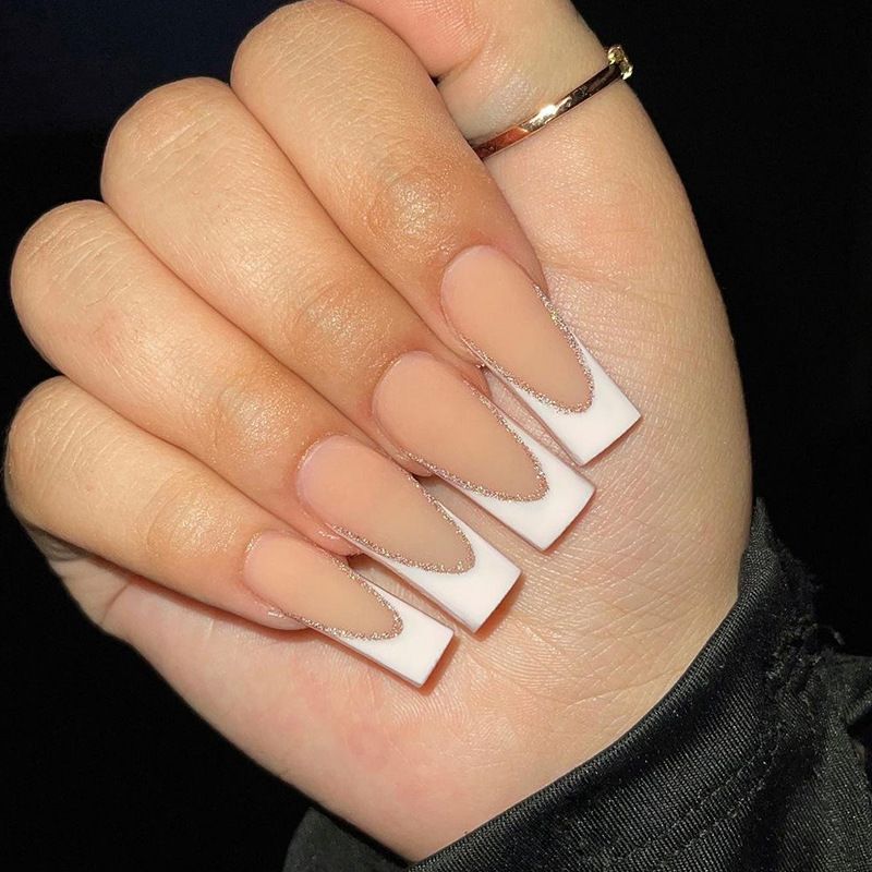 Franse 24-delige nepnagel met witte rand Ontwerp Eenvoudig draagbaar Lange doodskist Kunstnagels Ballet Druk op nagels Fu S S_voghion.com