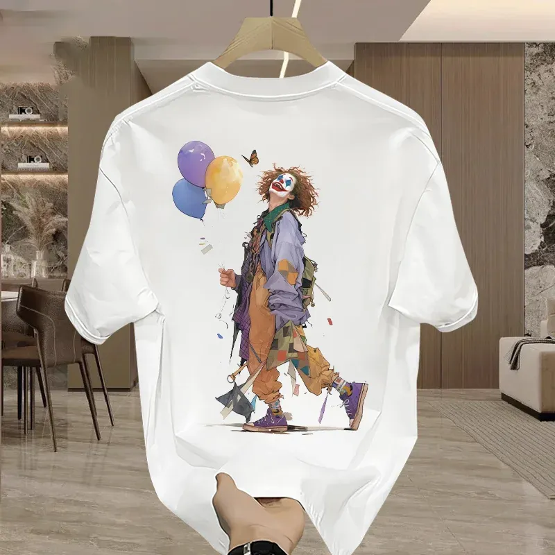 Klasszikus póló Mit Clown-Print Für Herren, 100 % Reine Baumwolle, Atmungsaktiv, Locker, Lässige Straßenmode, Oberteil Mit Rundhalsausschnitt_voghion.com
