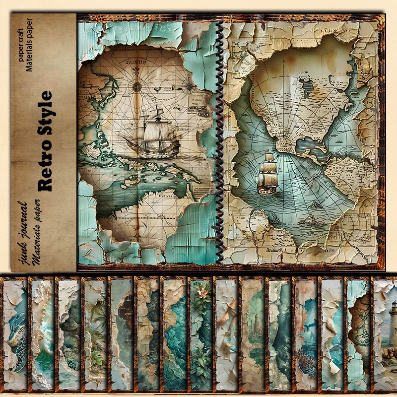 Materiał na naklejki papierowe Koralowy niebieski świat 15 arkuszy Retro Ocean Stara mapa podręcznik składany_voghion.com