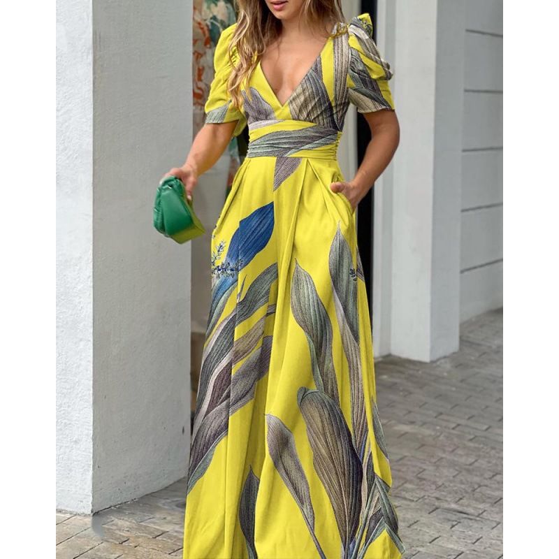 Ropa de mujer Primavera y verano Nuevo Mono de mujer con cintura alta, pierna ancha, pantalones sexis con escote en V profundo y estampado multicolor y tallas múltiples_voghion.com
