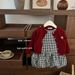 Kinderkleding Kind Ster Ronde Babymeisje Koreaanse Versie Geruite Rok Mouwloos Bloemknop Prinses Rok Liefde Rood Cardigan Jas Stijlvol Pak_voghion.com