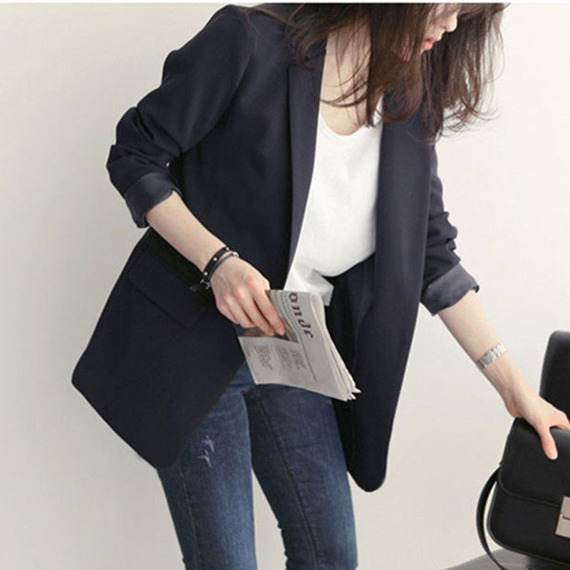 Lässiger Blazer für Damen im koreanischen Stil, lockere Passform, britischer Vintage-Stil, schwarze kurze Anzugjacke für zierliche Frauen_voghion.com