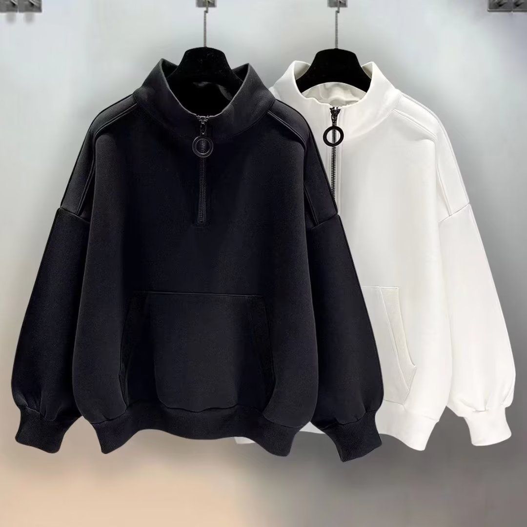 Felpa unisex con collo alto e cerniera – Pullover oversize minimalista con tasca a marsupio (nero e bianco)_voghion.com