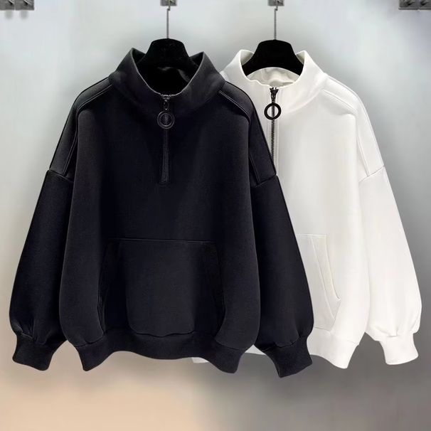 Felpa unisex con collo alto e cerniera – Pullover oversize minimalista con tasca a marsupio (nero e bianco)_voghion.com