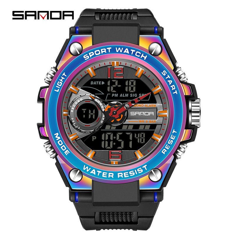 SANDA Sanda 6092 Colorful Men's Sports Watch Multi Functional Colorful Creative Double Display Electronic Waterproof Watch_voghion.com