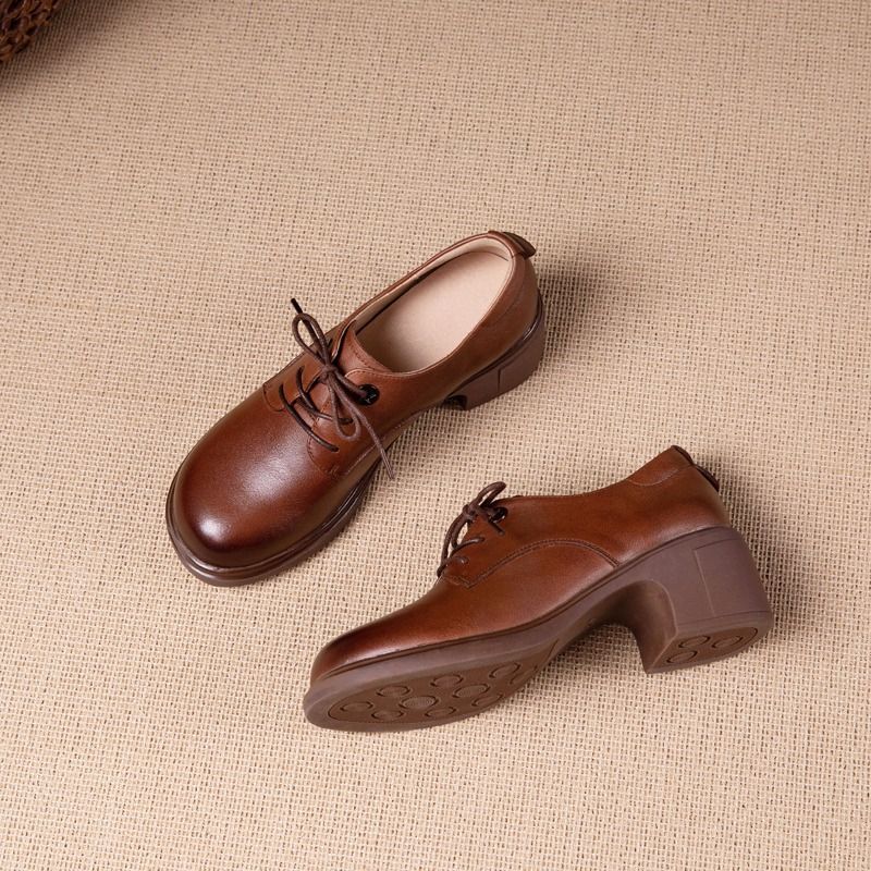 Loafers van rundleer met toplaag, 2024 herfst werksponscakezolen leren damesschoenen met veters, schoenen met dikke hakken_voghion.com