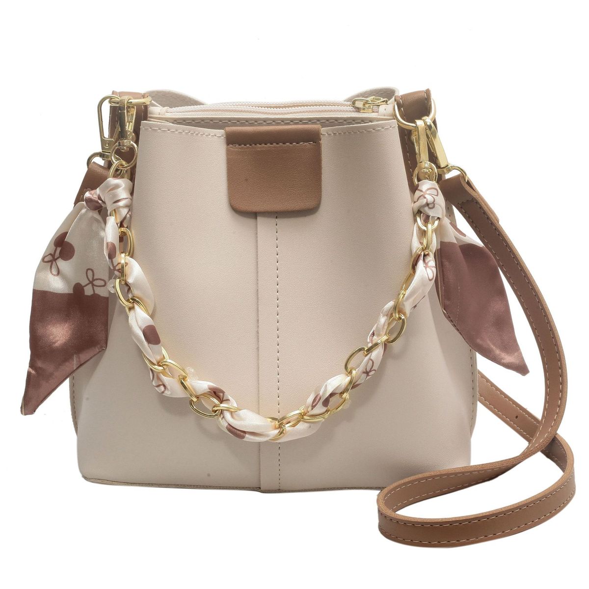 High-End Women's 2024 New Simple Trendy Versatile Niche Color-Block Textured Scarf Chain Handheld Bucket Bag_voghion.com