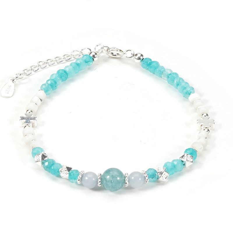 De Faceted Lake Blue Crystal Shell Trevo de Quatro Folhas Contas Redondas Pedra Natural Pulseira Colar Conjunto_voghion.com