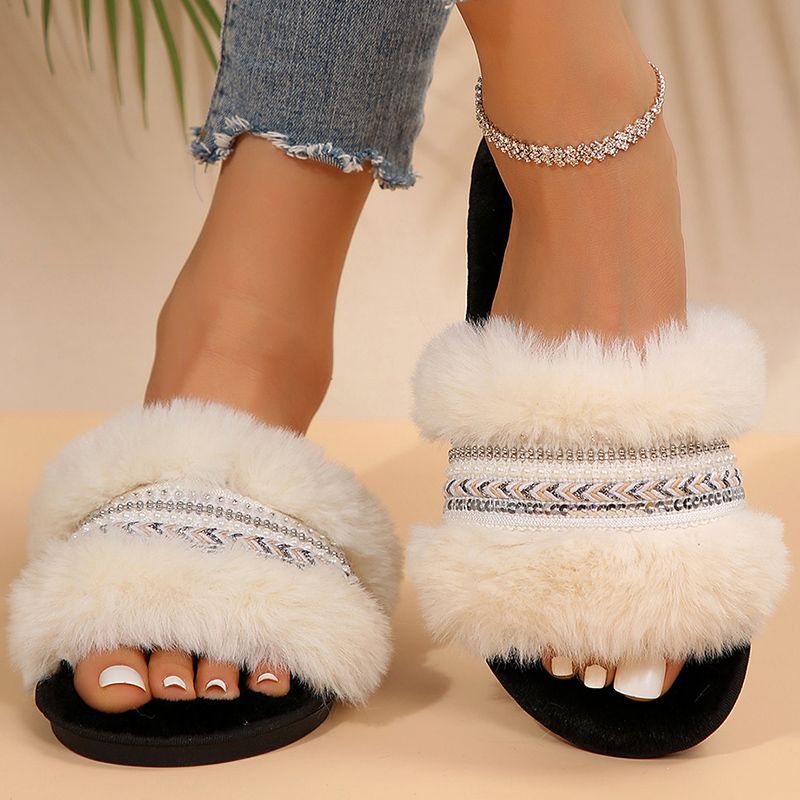 Bling Weave Pattern Fur Slippers Women 2025 Mix Color Faux Fur Plush Slides Woman Slip On House Flats Cotton Slippers Mu_voghion.com