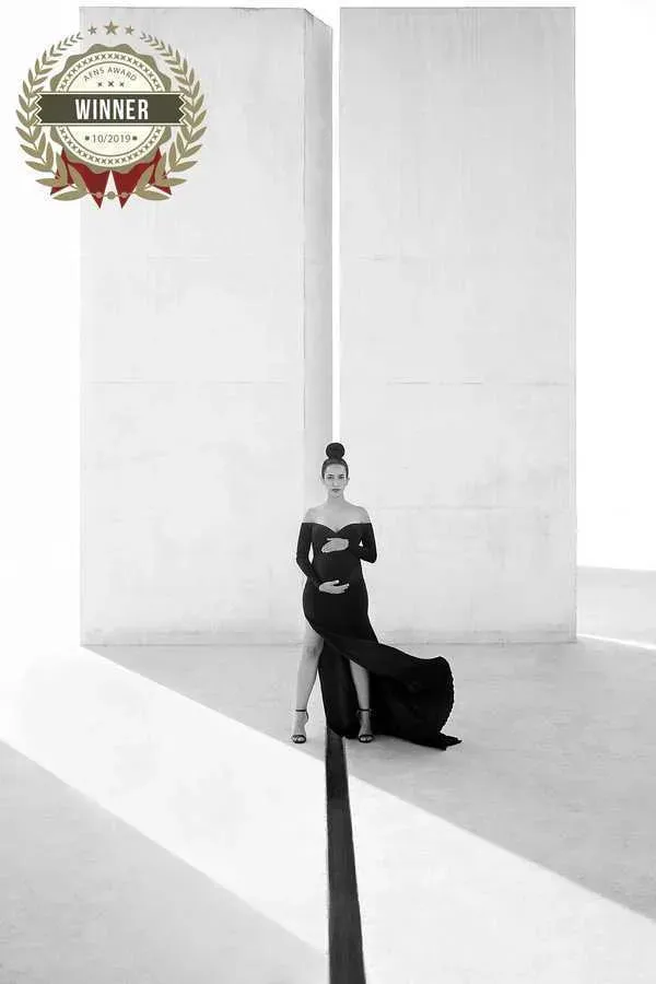 Eleganckie seksowne sukienki ciążowe sesja zdjęciowa kobiety w ciąży sukienka z długim rękawem bez ramion fotografia ciążowa damska_voghion.com