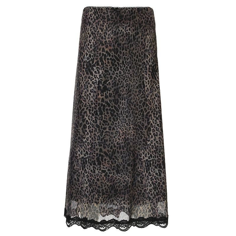 Verve Street Style Leopard Print Patchwork Lace Trim Low Waist Drawstring Color Block A-Line Midi Skirt_voghion.com