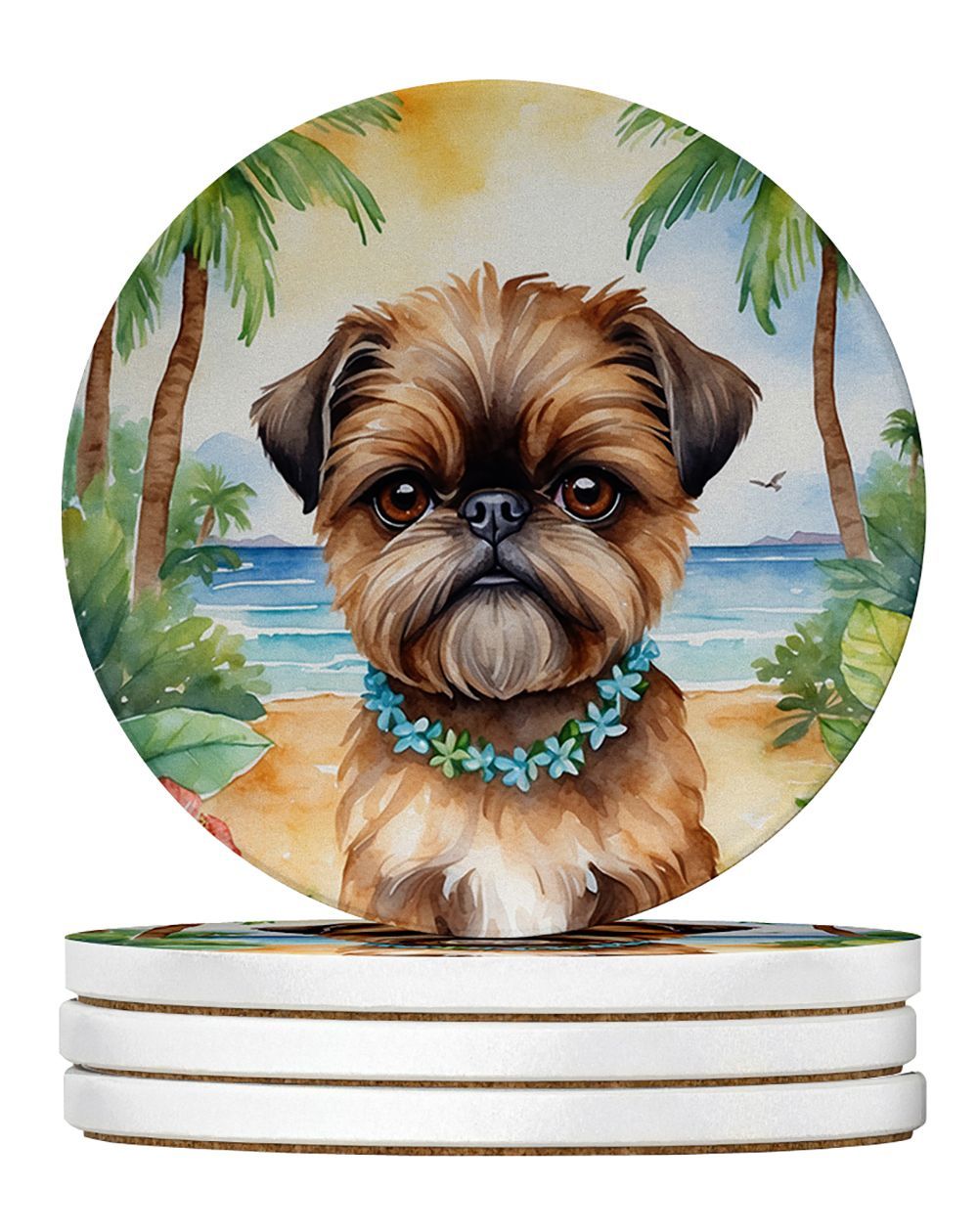 Brussels Griffon Luau Large Sandstone Coasters Pack Of 4 Absorbent Round Coasters Decor Gifts For Men Or Women, 4 In, Multicolor_voghion.com