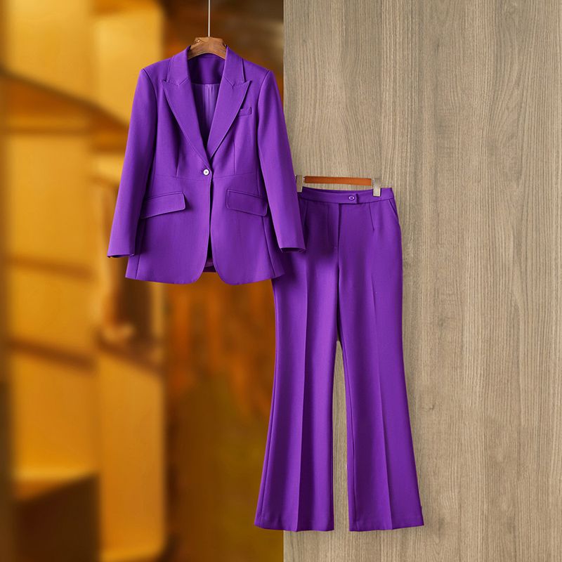 Veste de costume violette pour femmes, ensemble deux pièces, pantalon artisanal à bords perlés, ensemble deux pièces_voghion.com
