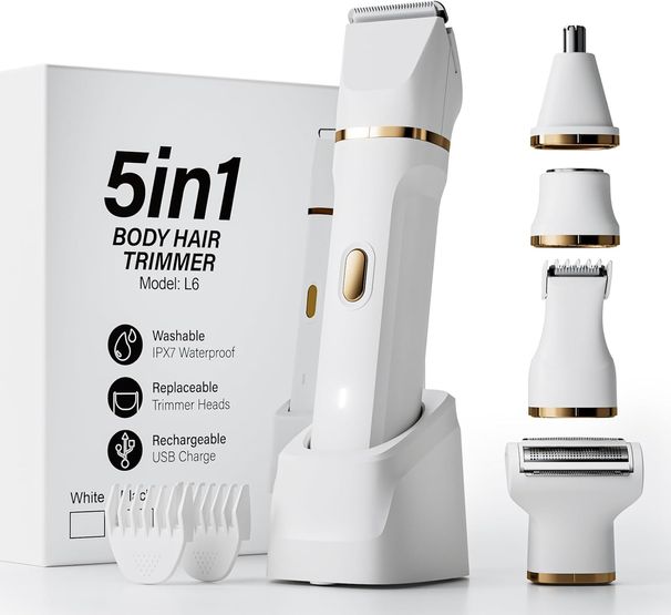 Elektrischer Rasierer für Damen, 5-in-1-Bikini-Trimmer mit USB-Ladestation, luxuriöse Gesichtshaarentfernung, Nass-/Trocken-Körper_voghion.com