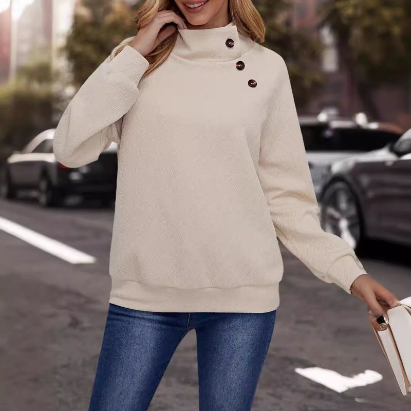Women's Loose Casual Solid Color Diamond High Neck Long Sleeve Sweatshirt_voghion.com