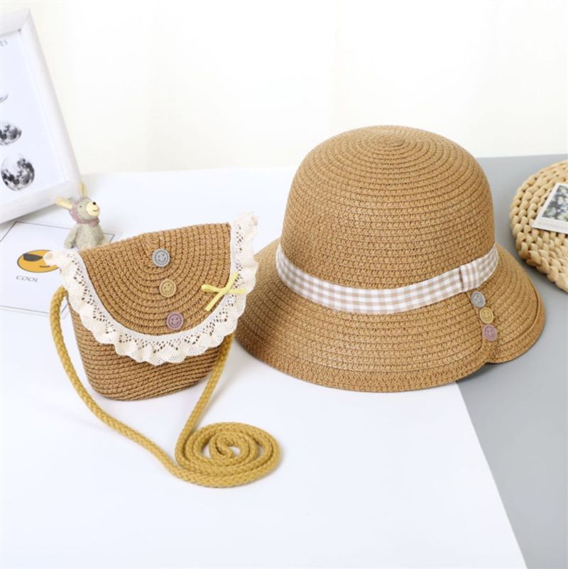 Children's girl's new straw hat bag set, sun hat, summer princess button accessories, beach sandal_voghion.com