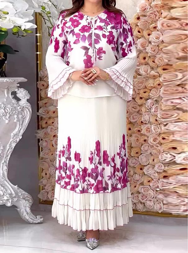 Naisten vaatteet, laskostetut painetut topit ja hameet, kaksiosaiset puvut_voghion.com