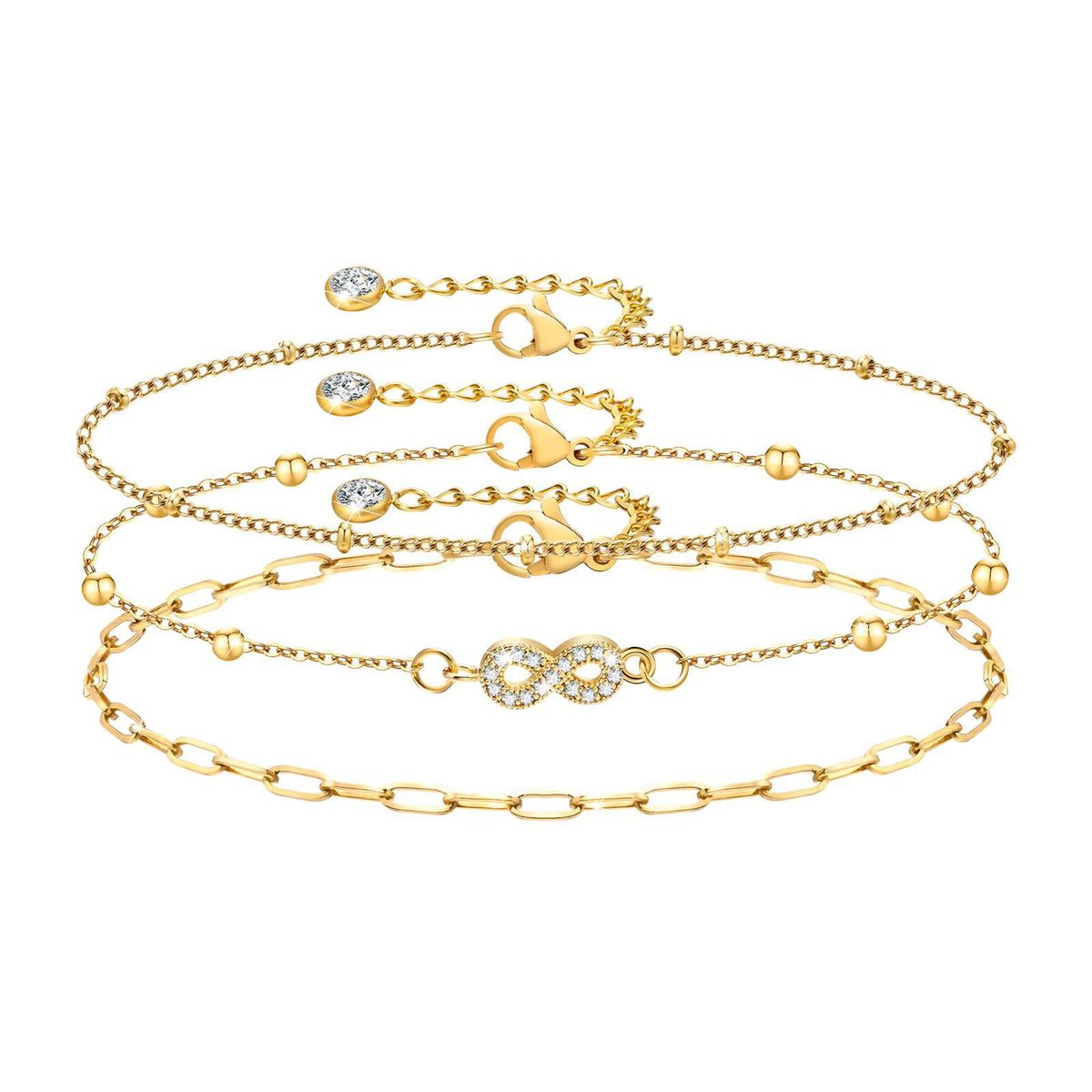 Cavigliera con perline a forma di croce con infinito, figura a otto, intarsiata in zirconia cubica, graffetta in acciaio inossidabile_voghion.com