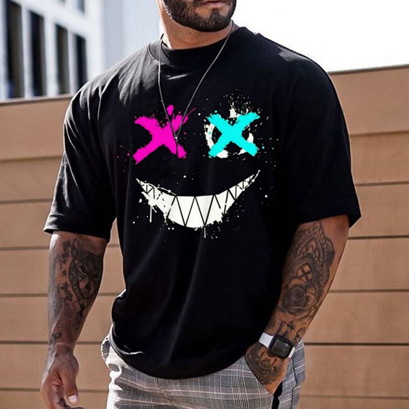 T-shirt à manches courtes imprimé Smiley pour hommes, grande taille, décontracté, col rond, hauts_voghion.com