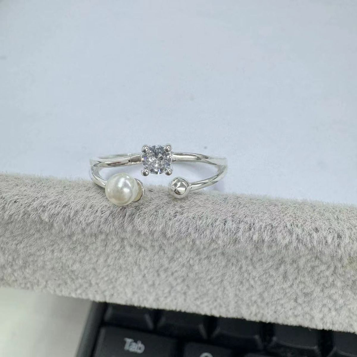 Anello aperto in argento puro con micro zirconi e perle di diamanti per le donne, perline piccole e alla moda_voghion.com
