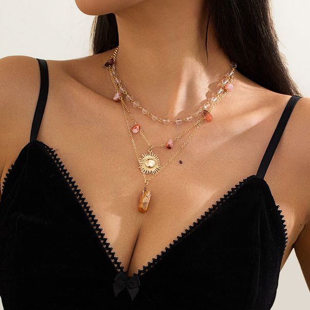 Set di collane a strati celestiali color oro per donna, ciondolo a forma di sole con perline in pietra naturale e catene di cristallo, gioielli con dichiarazione di astrologia boho_voghion.com