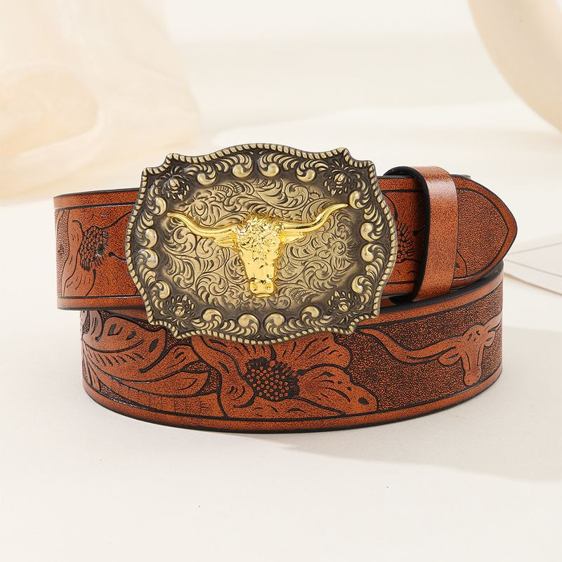 Neuer grenzüberschreitender Retro-Western-Cowboy-Gürtel mit Stierkopf-Schnalle, Cowboy-Schnitzerei, ethnischer Stil, männlicher Punk-PU-Ledergürtel_voghion.com