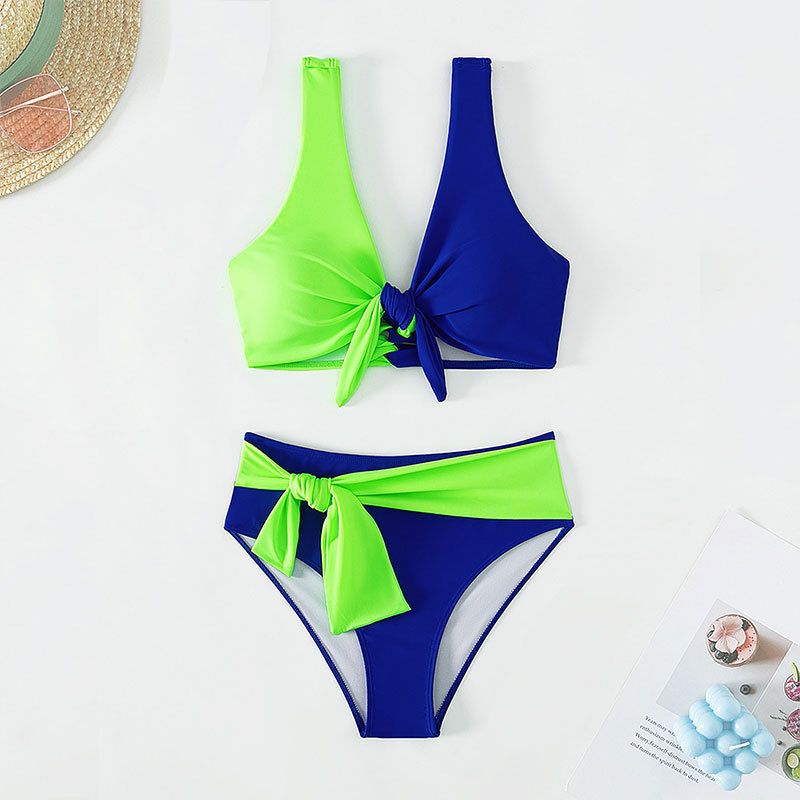 Rückenfreies Bikini-Set mit hoher Taille und Brustpolster für Damen – Sexy Bademode in Farbblock-Optik für Strand und Pool_voghion.com