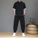 CT Summer New Uomo Cinese Cotone Lino Stile Antico Hanfu Tang Camicia a Maniche Corte Set Due Pezzi_voghion.com
