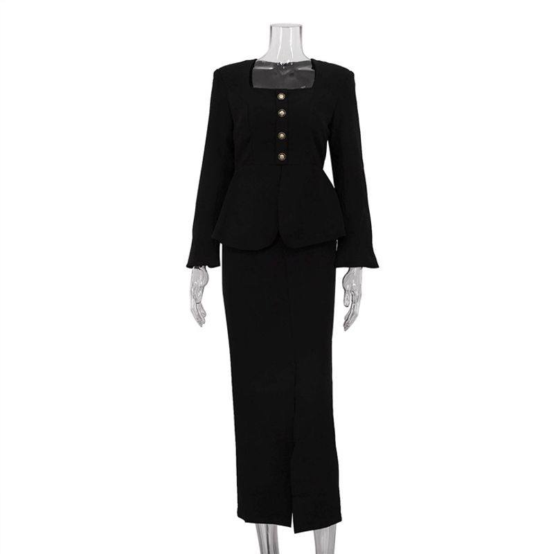 Elegante conjunto de punto con cuello cuadrado y manga larga: suéter y falda tubo a juego (tallas S-L)_voghion.com