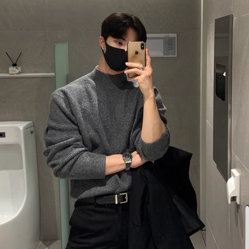 Autumn and winter semi high neck new sweater for men, loose fit, inner layer, bottom layer, knitted sweater, high-end and warm top_voghion.com