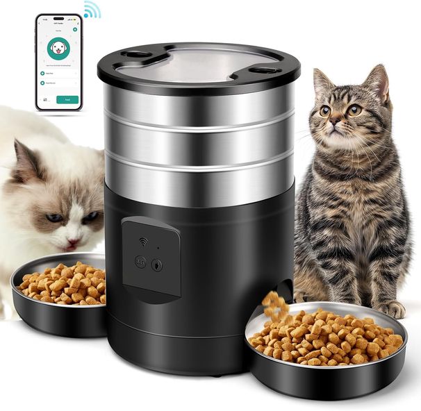 5L Automatischer Futterautomat Katze 2 Näpfe, Katzenfutter Automat 2.4G WiFi Edelstahl Anti-Clog Temporizador 24h 1-10 Mahlzeiten Tag 1-40 Porciones, Futte_voghion.com