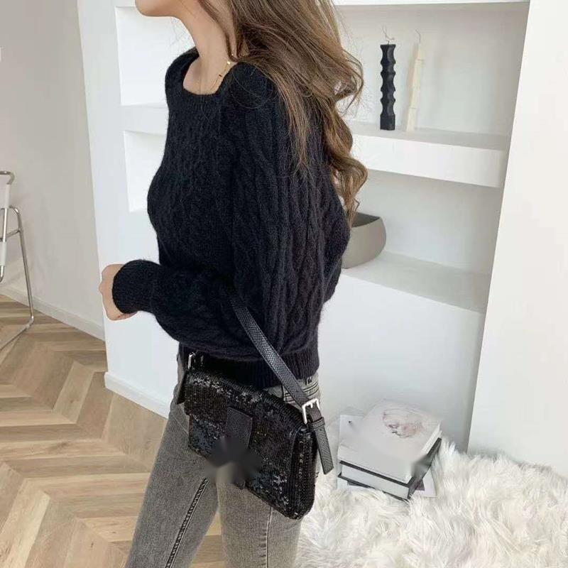 Square neck sweater women's thickened Fried Dough Twists autumn and winter new Korean version loose outer wear waist_voghion.com