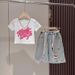 New 3D spray painted graffiti short sleeved colorful denim distressed set for girls in summer, children's stylish wide_voghion.com