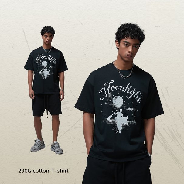 Maglietta a maniche corte da uomo con stampa a inchiostro bianco per uomini e donne con lo stesso stile di coppia T_voghion.com