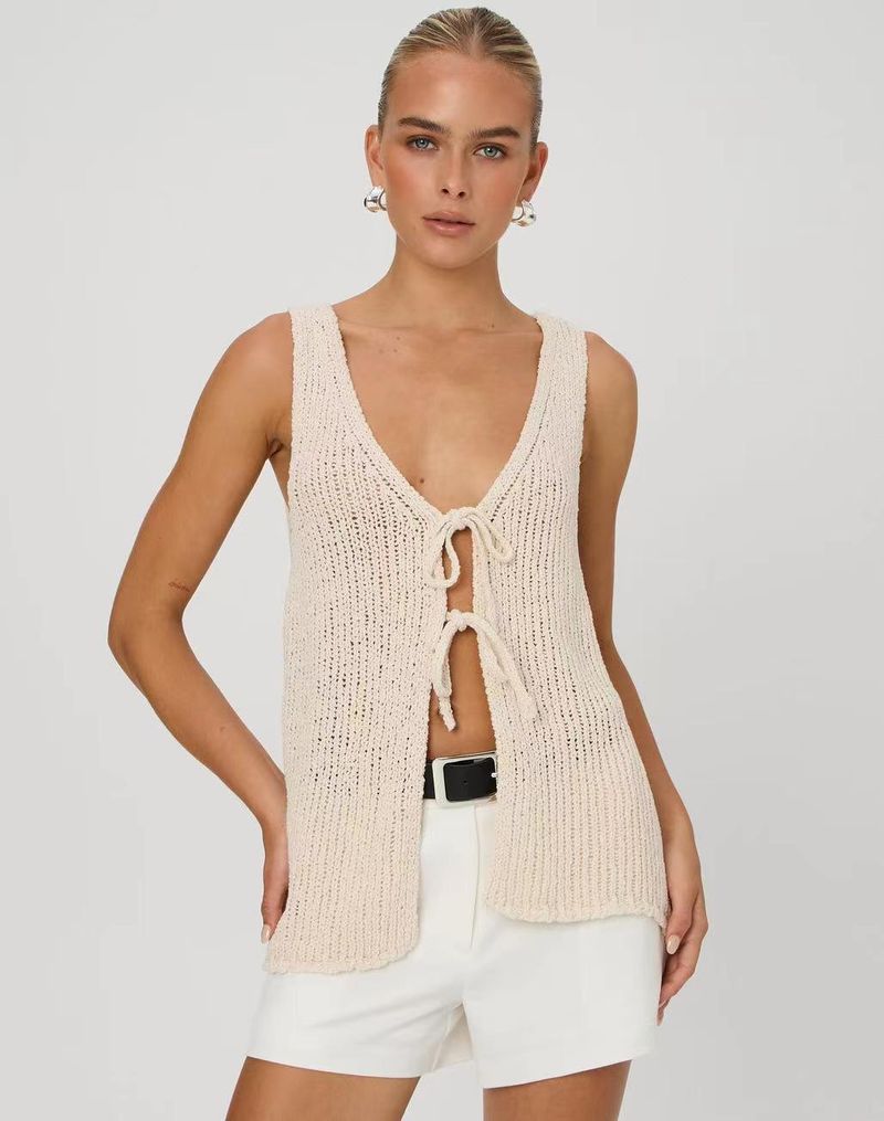 Summer Women's Sexy V-Neck Knit Vest Top Open Front Tie-Waist Sleeveless Crochet Cardigan - Soft Polyester, Casual & Stylish, S/M/L (Black, Beige)"​_voghion.com