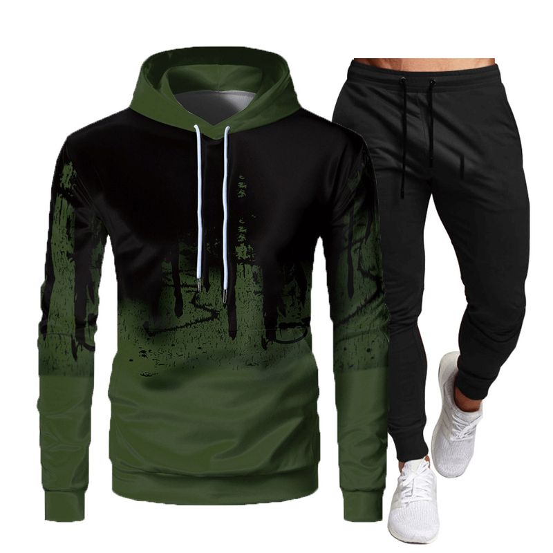 Crazy Muscle Herren-Set, sportlich, lässig, mit Kapuze, Graffiti-Druck, schmale Passform, modisch, schlicht, OM-Set_voghion.com