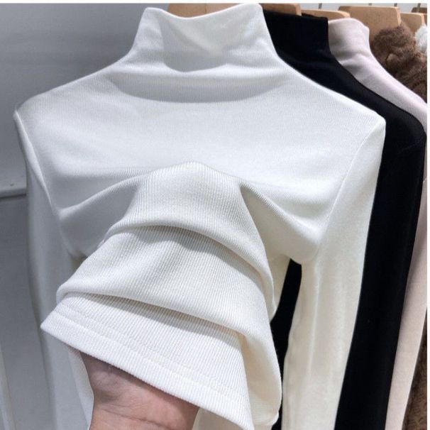 Thermo-Oberteil mit hohem Kragen und Fleecefutter für Damen – Langarmshirt aus weichem, gebürstetem Strick für den Winter, lässige Rollkragenbluse mit schmaler Passform_voghion.com