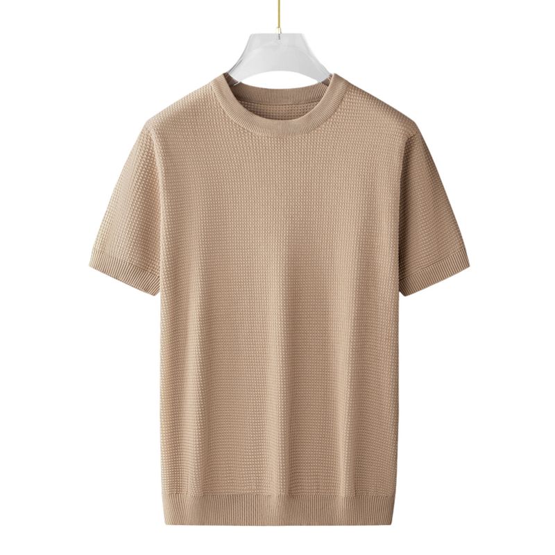 Camiseta masculina casual de verão, manga curta - malha de algodão waffle macia, respirável e confortável, caimento relaxado, gola redonda, essencial para uso diário_voghion.com