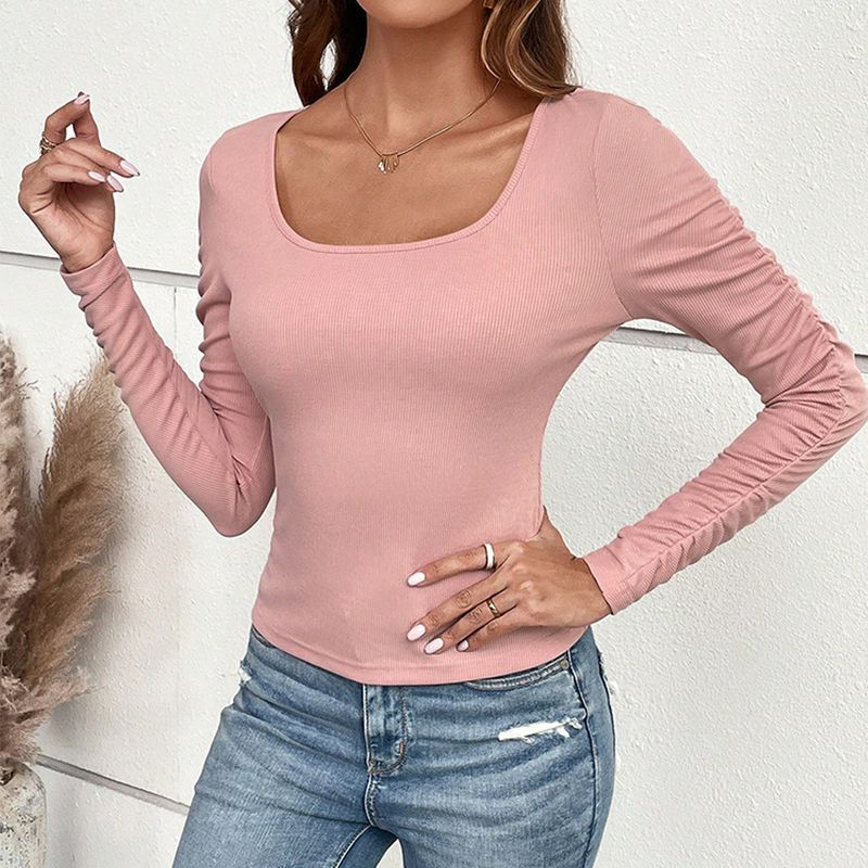 Colletto quadrato da donna con camicia base con maglietta attillata slim slim a maniche lunghe_voghion.com