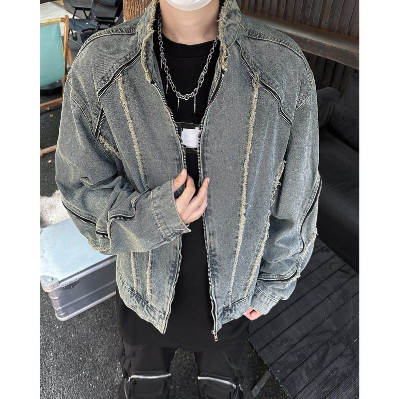 Men's Clothing Deconstructed Raw Edge Washed Denim Jacket For Men Spring And Autumn Short Motorcycle Style Stand Collar Handsome Jacket_voghion.com